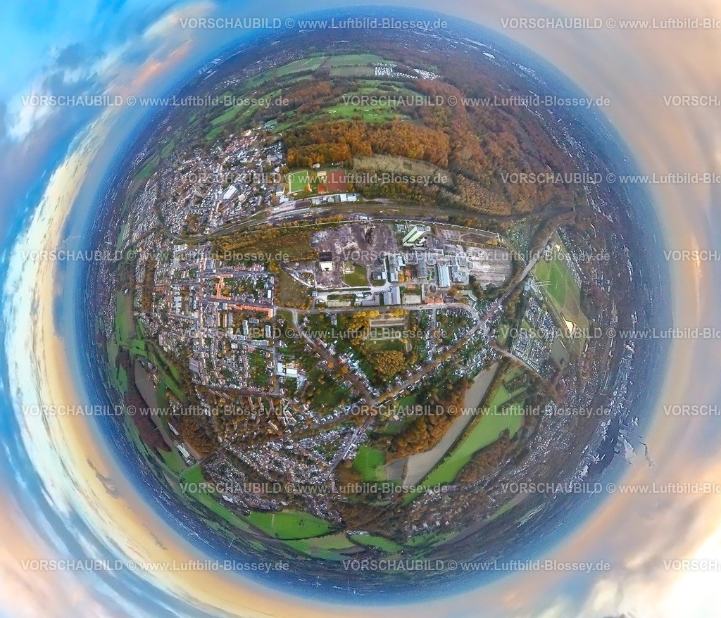 Gelsenkirchen231190113ZecheWesterholt-topaz | Luftbild, Ehemalige Zeche Westerholt Steinkohlebergwerk umgeben von herbstlichen Laubbäumen, neues Quartier für Arbeiten und Wohnen, Erdkugel, Fisheye Aufnahme, Fischaugen Aufnahme, 360 Grad Aufnahme, tiny world, little planet, fisheye Bild, Hassel, Gelsenkirchen, Ruhrgebiet, Nordrhein-Westfalen, Deutschland