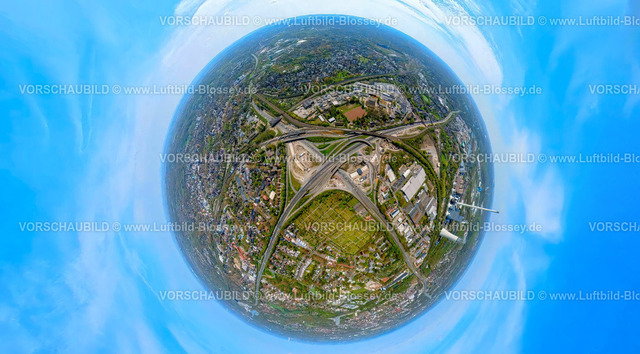 Herne230490059BAB-KreuzHerneA42A43-topaz | Luftbild, Autobahnkreuz Herne, Autobahn A42 und Autobahn A43, Baustelle, Erdkugel, Fisheye Aufnahme, Fischaugen Aufnahme, 360 Grad Aufnahme, Baukau-West, Herne, Ruhrgebiet, Nordrhein-Westfalen, Deutschland