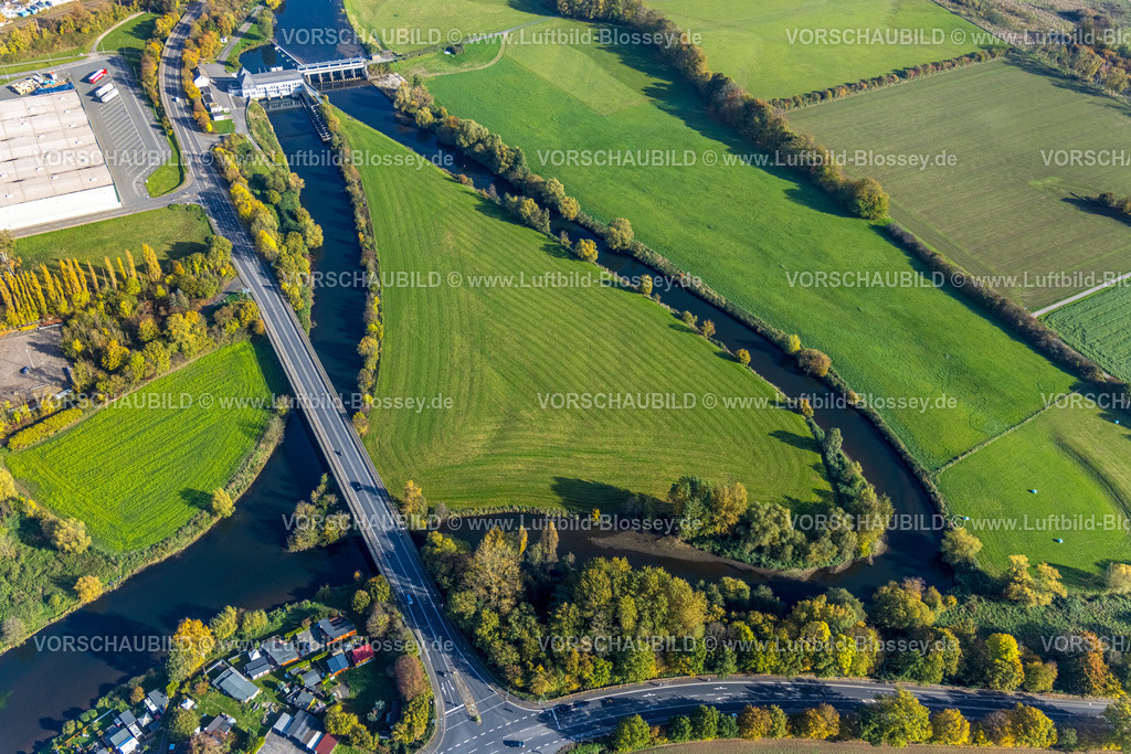 Hagen221016337 | Luftbild, Fluss Ruhr und Untergraben mit Insel, Wehr Westhofen Pumpwerk, Ruhrbrücke Westhofener Straße, Boele, Hagen, Ruhrgebiet, Nordrhein-Westfalen, Deutschland