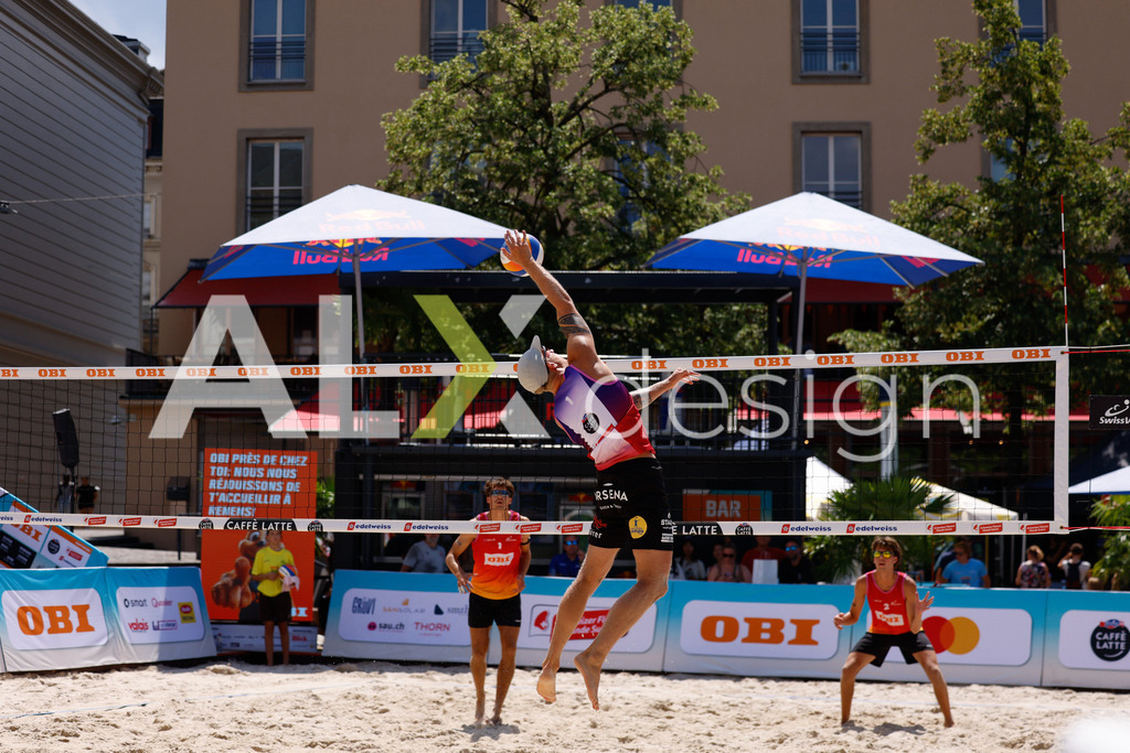 Obi BeachTour 2026 - Basel | BASEL, SWITZERLAND - JULY 17: NOAH YANNIK ALOIS FURRER (SUI) attack / spike during the Obi BeachTour 2026 match between ALLEMANN / LEFFLER (SUI) and FURRER / WYMANN (SUI) at Barfüsserplatz on July 17, 2026 in Basel, Switzerland. - Realisiert mit Pictrs.com