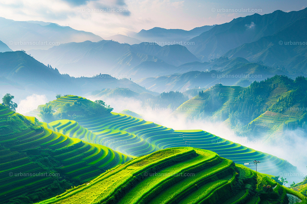Rice Plantation With Mountain Background | This serene view of lush rice terraces set against misty mountains is perfect for creating a peaceful, natural vibe in any space. Ideal for nature lovers who appreciate tranquil landscapes. - Realisiert mit Pictrs.com