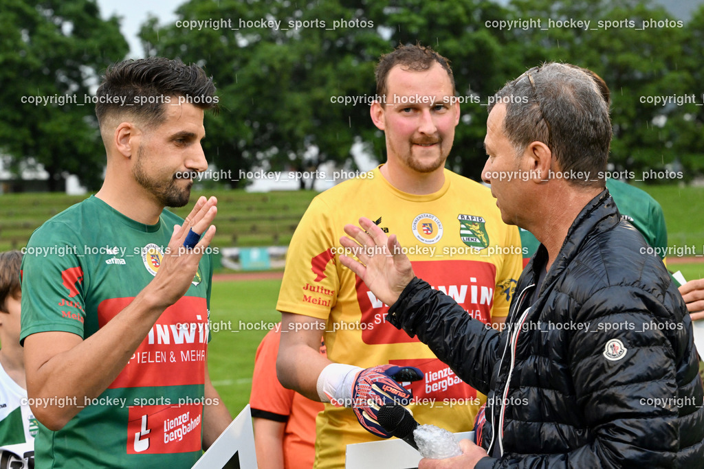 SV Rapid Lienz vs. URC Thal Assling | #2 Patrick Eder Rapid Lienz, #1 Julian Weiskopf Rapid Lienz, Obmann SV Rapid Lienz Robert Müller, SV Rapid Lienz vs. URC Thal Assling, SV Rapid Lienz vs. URC Thal Assling am 08.06.2024 in Lienz (Dolomiten Satadion), Austria, (Photo by Bernd Stefan)