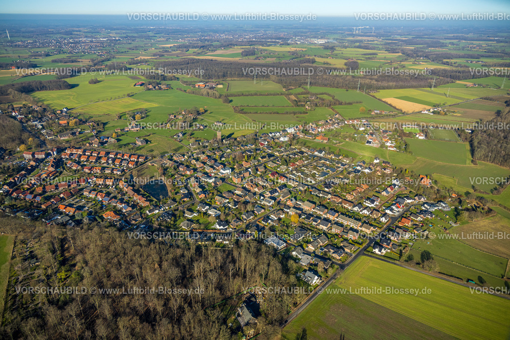 Selm230205063Cappenberg | Luftbild, Ortsansicht mit Teich, Wasserturm am Cappenberger Damm, Cappenberg, Selm, Münsterland, Nordrhein-Westfalen, Deutschland