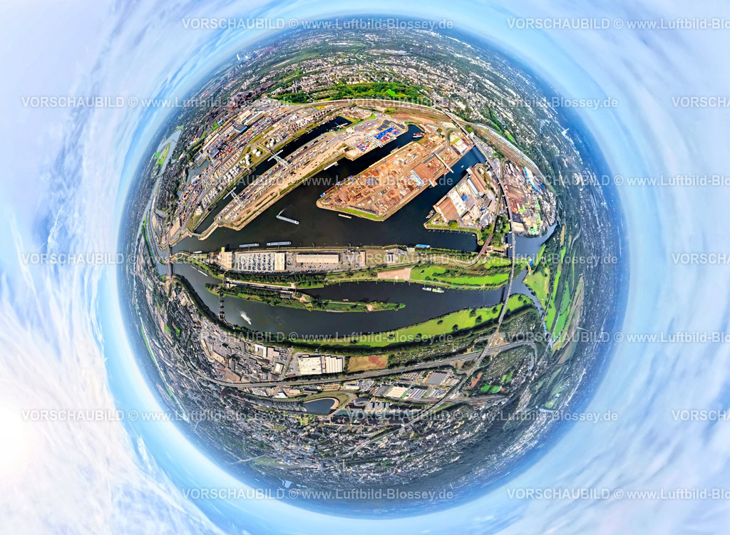 Duisburg250903951 | Luftbild, Hafen Duisburg-Ruhrort mit Ölinsel, Kohleninsel und Schrottinsel, Autobahn A59, Fluss Ruhr und Rhein-Herne-Kanal, Erdkugel, Fisheye Aufnahme, Fischaugen Aufnahme, 360 Grad Aufnahme, tiny world, little planet, fisheye Bild, Ruhrort, Duisburg, Ruhrgebiet, Nordrhein-Westfalen, Deutschland