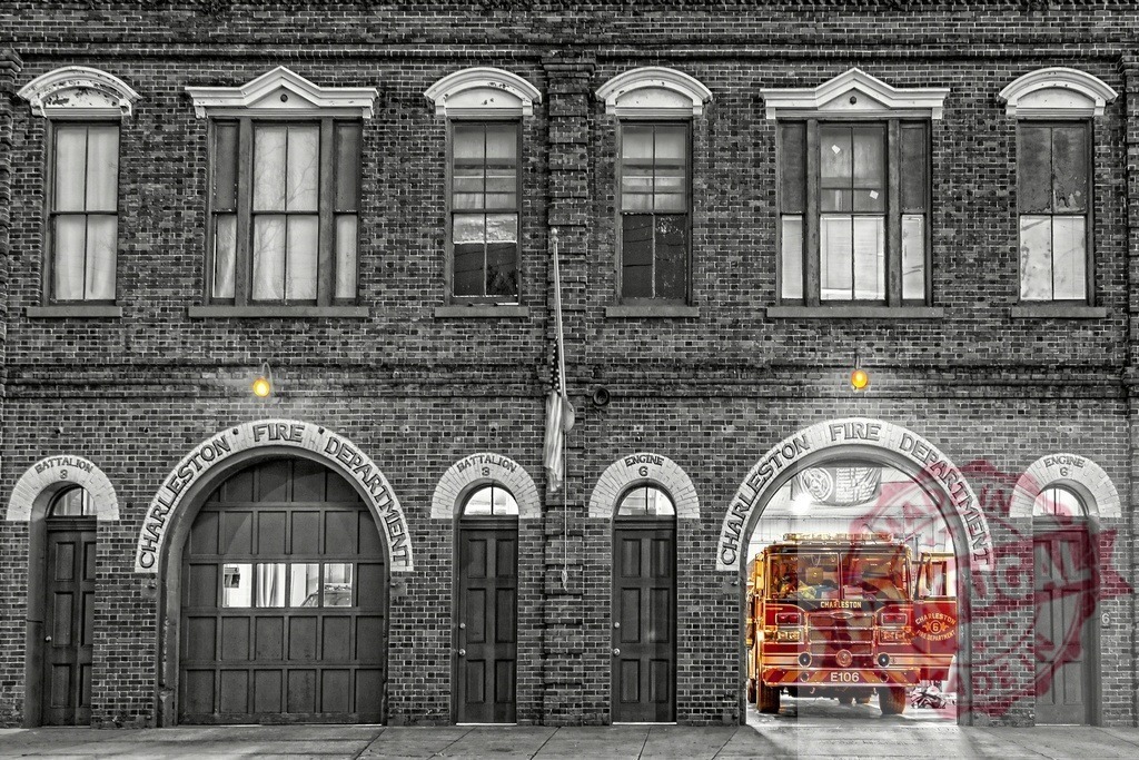 Charleston Fire Department brick building with a red fire truck | Charleston Fire Department brick building facade and a red fire engine preparing for service - Realized with Pictrs.com