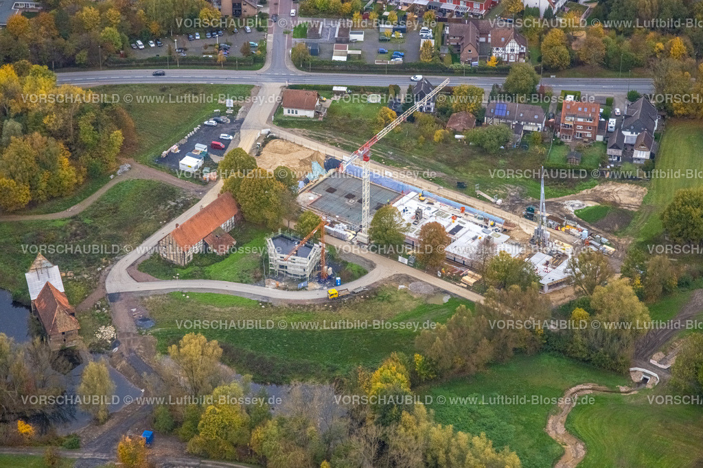 Hamm221011776 | Luftbild, Baustelle und Neubau, Schlossmühle am Mühlengraben und Mühlenteich, Heessen, Hamm, Ruhrgebiet, Nordrhein-Westfalen, Deutschland