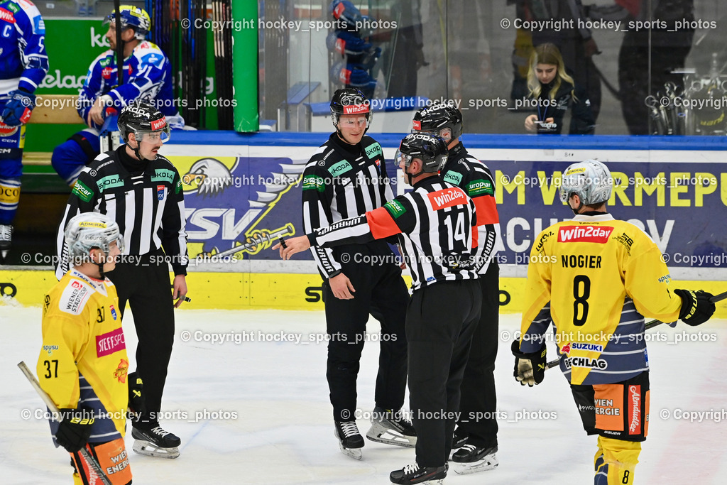 EC IDM WÄRMEPUMPEN VSV vs. Vienna Capitals | PUFF WOLFGANG Referee, RIECKEN SIMON Referee, SMETANA LADISLAV Referee, SCHAUER JAKOB Referee, #8 Nelson Nogier Vienna Capitals, #37 Christof Kromp Vienna Capitals, EC IDM WÄRMEPUMPEN VSV vs. Vienna Capitals, EC IDM WÄRMEPUMPEN VSV vs. Vienna Capitals am 16.11.2025 in Villach (Stadthalle Villach), Austria, (Photo by Bernd Stefan)