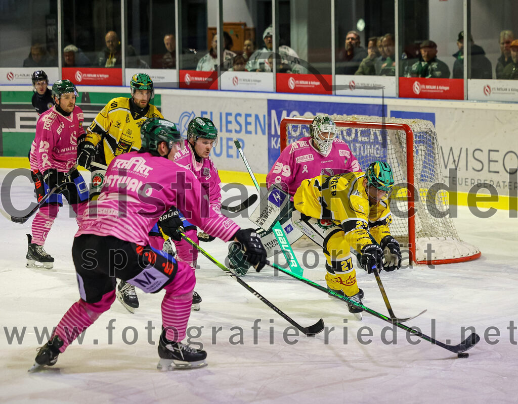 2025-10-28_077_TSV_Erding_gegen_Toelzer_Loewen | Erding, Deutschland, 28.10.2025:Eishockey, Oberliga Süd 2025 / 2026, 13. Spieltag, TSV Erding gegen Tölzer Löwen, Endergebnis: 2:5Grady Hobbs (Erding Gladiators, #22), Elia Ostwald (Erding Gladiators, #17), Jesse Kauhanen (Erding Gladiators, #4), Torwart Leon Meder (Erding Gladiators, #39), Sandro Schönberger (Tölzer Löwen, #27)Foto: Christian Riedel / fotografie-riedel.net