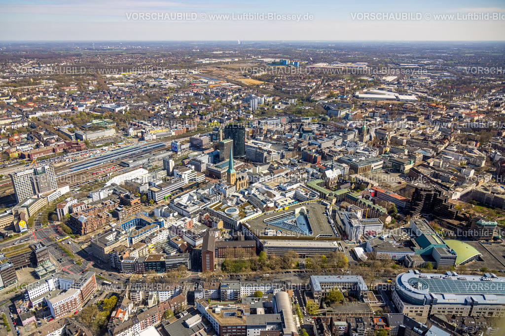 Dortmund220400638 | Luftbild, Innenstadtansicht mit der Thier-Galerie Dortmund, evang. Stadtkirche St. Petri und Reinoldikirche, RWE Tower, Hauptbahnhof Dortmund, City, Dortmund, Ruhrgebiet, Nordrhein-Westfalen, Deutschland