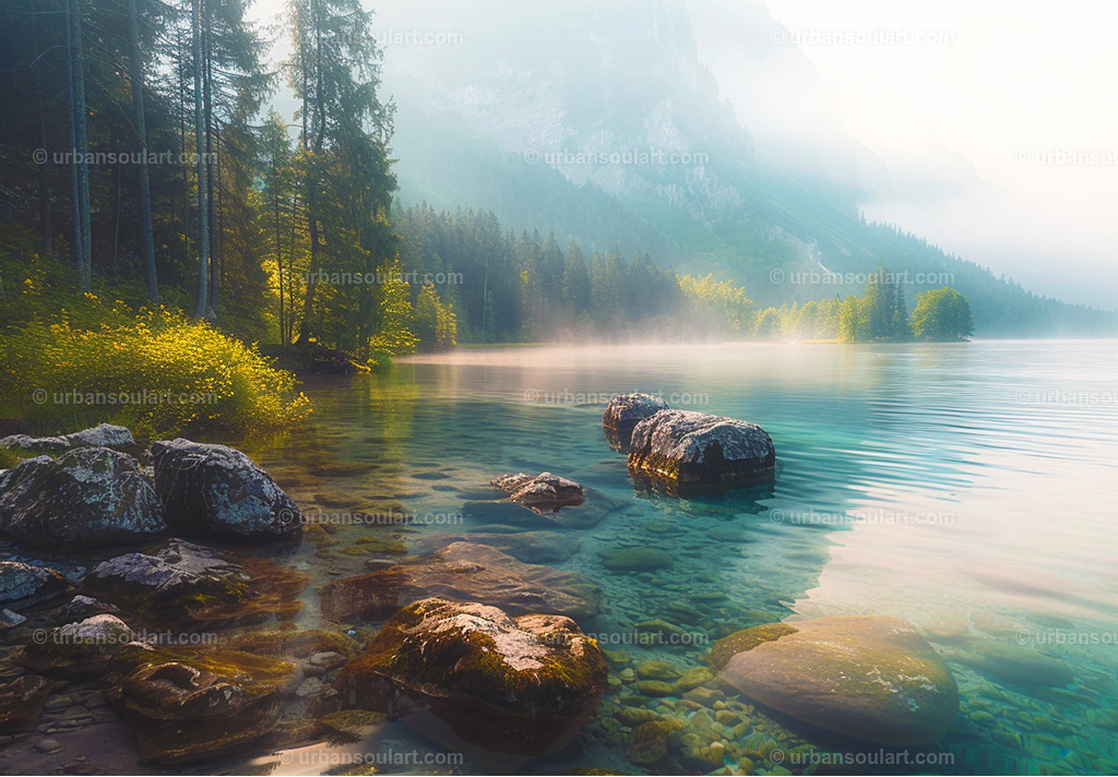 Lakeside With Clear Blue Water, Rocks, Trees And Mountain Background | A serene lakeside scene with crystal-clear water, rocks, and mountains in the background, this artwork is ideal for creating a peaceful, nature-inspired ambiance. - Realisiert mit Pictrs.com