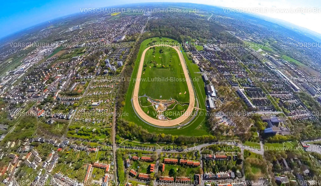 Dortmund230490043bWambelRennbahn-neu | Luftbild, Galopprennbahn Dortmund mit Golfrange, Erdkugel, Fisheye Aufnahme, Fischaugen Aufnahme, 360 Grad Aufnahme, Wambel, Dortmund, Ruhrgebiet, Nordrhein-Westfalen, Deutschland