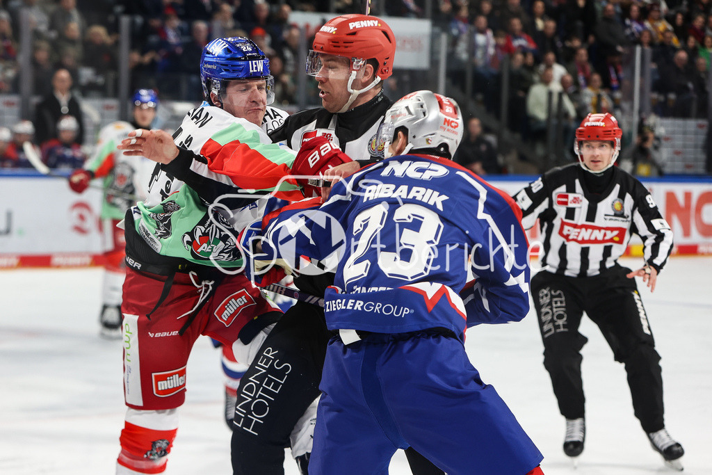 Nürnberg ICE Tigers - Augsburger Panther | Thomas Jordan TREVELYAN (AEV #24) und Lukas RIBARIK (EHC #23) sind sich nicht ganz einig / Kampf / Faustkampf / Fight / DEL Retro Game