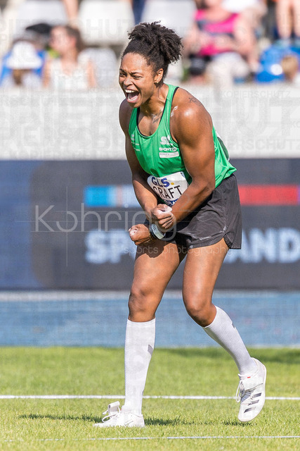 Deutsche Leichtathletik-Meisterschaften; Bochum-Wattenscheid, 25.07.2026 | Shanice Craft (SV Halle) freut sich beim Diskuswurf; Deutsche Leichtathletik-Meisterschaften am 25.07.2026 im Lorheide-Stadion, Bochum-Wattenscheid (Nordrhein-Westfalen).