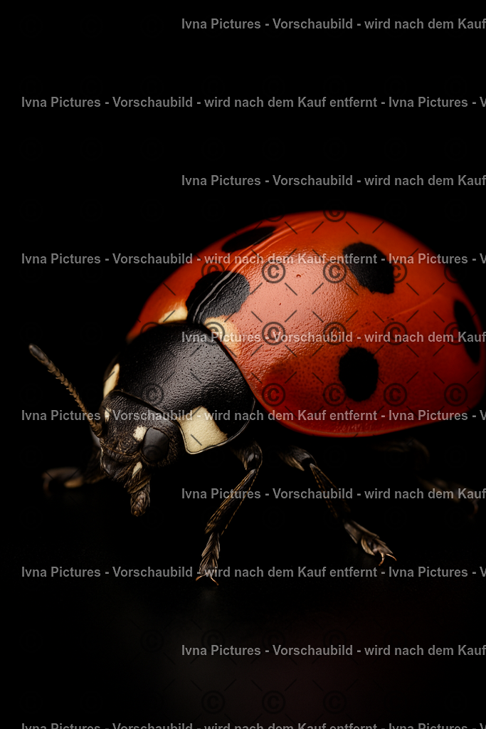 Marienkäfer im Schatten | Ein leuchtend roter Marienkäfer hebt sich klar vom schwarzen Hintergrund ab. Die schwarzen Punkte und die glänzende Oberfläche seiner Flügel verleihen dem Bild Frische und Symbolkraft. - Realisiert mit Pictrs.com
