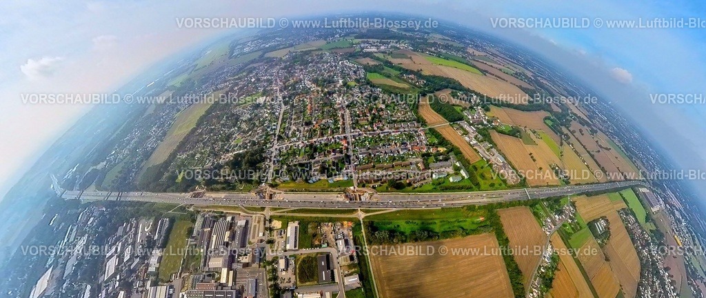 Unna230990095 A1 Massen | Luftbild, Ortsansicht Ortsteil Massen, Bauarbeiten auf der Autobahn A1, Erdkugel, Fisheye Aufnahme, Fischaugen Aufnahme, 360 Grad Aufnahme, tiny world, Unna, Ruhrgebiet, Nordrhein-Westfalen, Deutschland