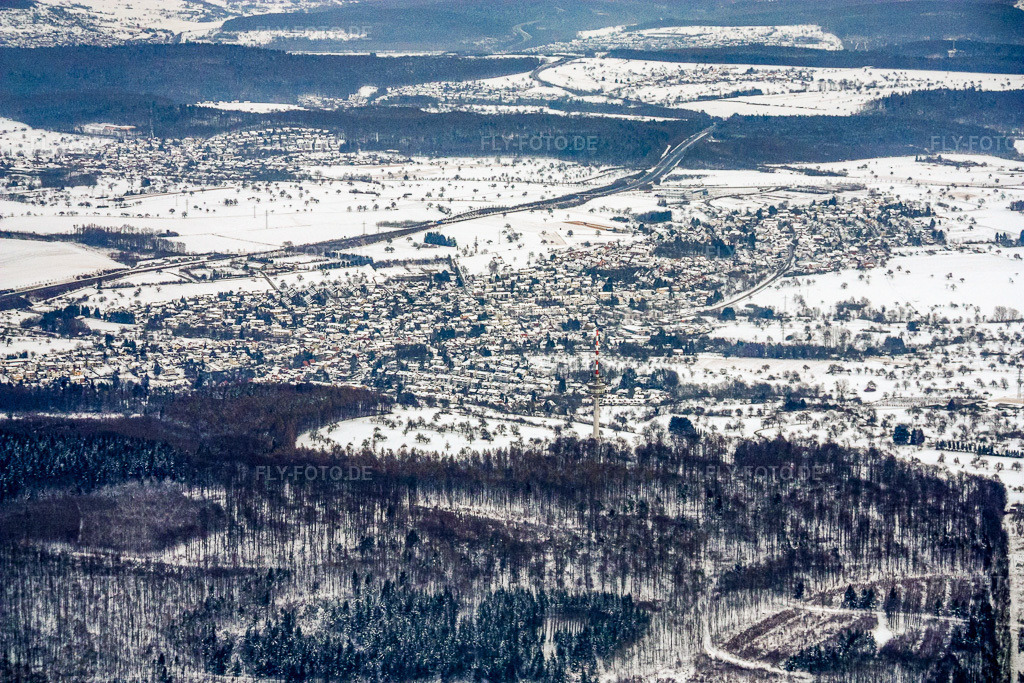 Luftbild: Ortsansicht aus Westen im Winter bei Schnee im Ortsteil Grünwettersbach in Karlsruhe im Bundesland Baden-Württemberg in Deutschland.Foto: IMG_17001.jpg vom 15.02.2009 durch Werner Riehm/FLY-FOTO.deAuflösung des Originals: 4272 x 2848 px