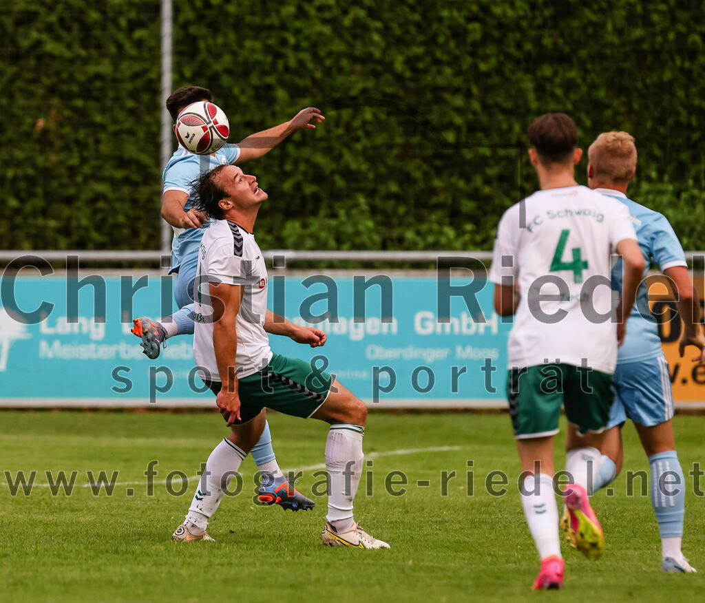 2023-07-28_046_FC_Schwaig_gegen_TSV_1860_Rosenheim | Oberding, Deutschland, 28.07.2023:
Fußball, Landesliga Südost 2023 / 2024, 3. Spieltag, FC Schwaig gegen TSV 1860 Rosenheim, Endergebnis: 1:1

Auron Hetemi (TSV 1860 Rosenheim, #34), Markus Straßer (FC Schwaig, #11)

Foto: Christian Riedel / fotografie-riedel.net
