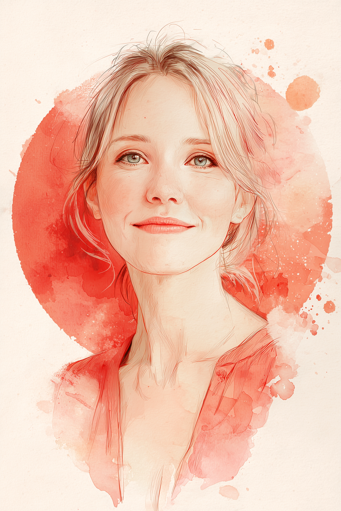 Poster: HER ECHO – The Quiet Heart | Ruhiges Frauenportrait im Aquarellstil mit rotem Kreis im Hintergrund aus der Poster-Kollektion HER ECHO. - Realisiert mit Pictrs.com