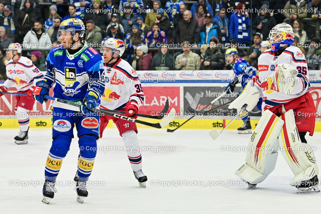 EC IDM WÄRMEPUMPEN VSV vs. EC Red Bull Salzburg | #16 HANCOCK Kevin EC VSV, #39 Genoway Charles EC Redbull Salzburg, #35 TOLVANEN ATTE EC Redbull Salzburg, EC IDM WÄRMEPUMPEN VSV vs. EC Red Bull Salzburg, EC IDM WÄRMEPUMPEN VSV vs. EC Red Bull Salzburg am 17.01.2025 in Villach (Stadthalle Villach), Austria, (Photo by Bernd Stefan)