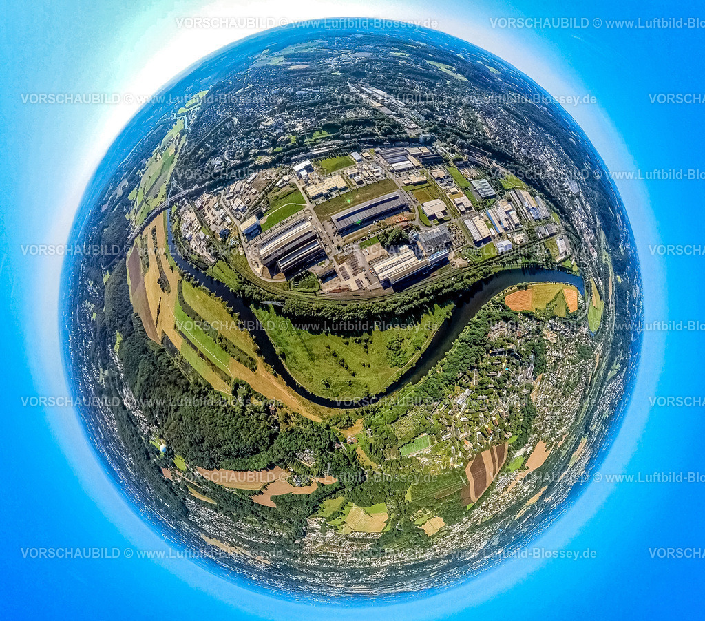 Hattingen240890701GewerrbegebietHenrichshuette | Luftbild, Henrichshütte Landschaftspark und Industriemusem am Fluss Ruhr, Gewerbegebiet, Erdkugel, Fisheye Aufnahme, Fischaugen Aufnahme, 360 Grad Aufnahme, tiny world, little planet, fisheye Bild, Welper, Hattingen, Ruhrgebiet, Nordrhein-Westfalen, Deutschland