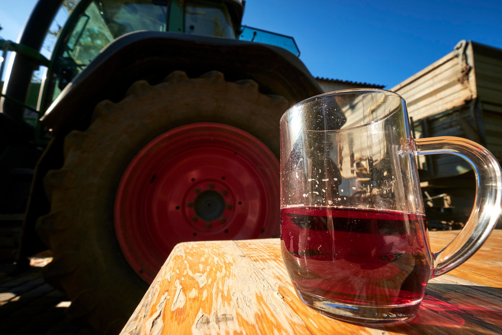Ein Glas mit Traubensaft steht auf einem Holztisch | Pillichsdorf, Austria - October 16, 2021: Ein Glas mit Traubensaft steht auf einem Holztisch vor dem Kellerstöckl, im Hintergrund ein grüner Traktor. - Realisiert mit Pictrs.com