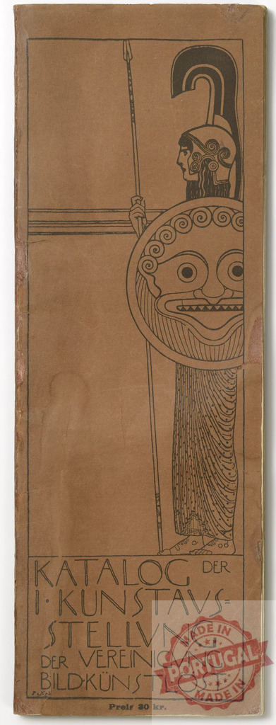 Gustav klimt Athena goddess on Secession catalog cover with Gorgon shield | Athena, Greek goddess of wisdom and war, holding a spear and shield with Medusa head - Realized with Pictrs.com