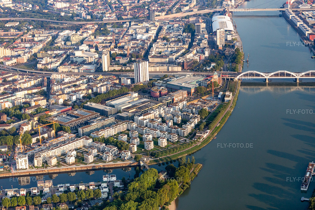 Luftbild: Wohnentwicklungsgebiet Wohnen am Fluß am Ufer des Rheins an der Rheinschanzenpromenade am Rhein im Ortsteil Süd in Ludwigshafen im Bundesland Rheinland-Pfalz in Deutschland. Foto: IMG_116870.jpg vom 25.08.2019 durch Werner Riehm/FLY-FOTO.de