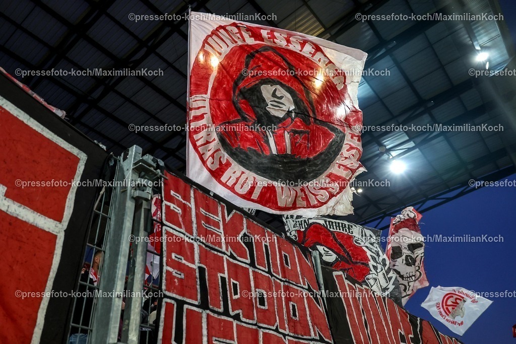 RWE06042501063 | 2025.04.06, Fußball, 3.Liga, Rot-Weiss Essen - FC Hansa Rostock, Stadion Hafenstraße, Saison 2024 2025: Feature Impression Symbolbild Symbolfoto Fans Ultras Westtribüne Fahne Fahnen Junge Essener DFB regulations prohibit any use of photographs as image sequences and or quasi-video.
