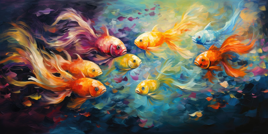 2307160 - Bunter Schwarm | Digitales Gemälde eines bunten Fischschwarms. Bestellen Sie dieses Motiv als hochwertigen Kunstdruck auf Leinwand, Acrylglas, Alu-Dibond oder als Poster.