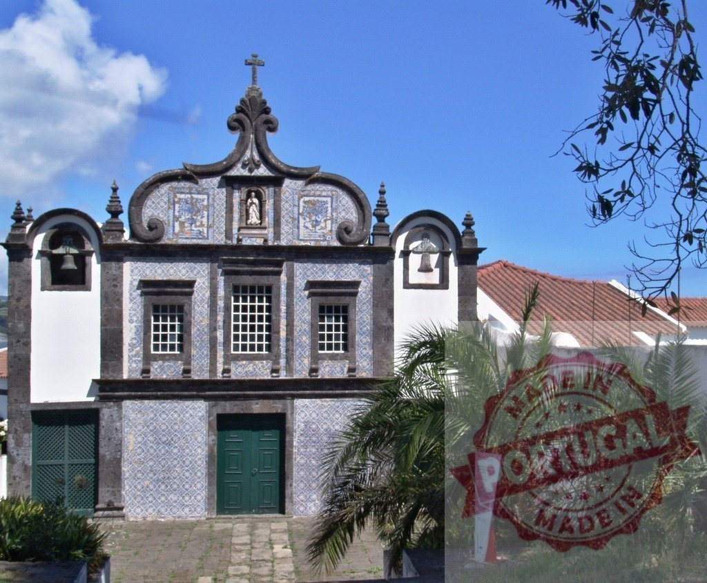 Baroque church facade with Azulejo tiles on Pico island | Historic religious building with decorative ceramic tiles and bell towers under a blue sky - Realisiert mit Pictrs.com
