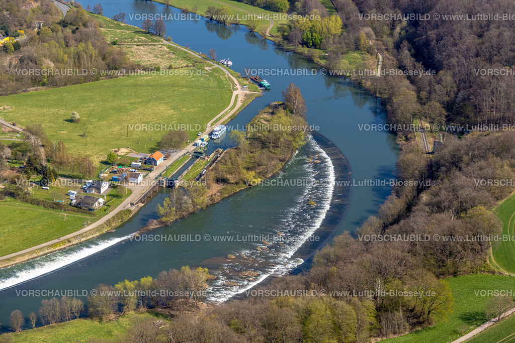 Witten220401305 | Luftbild, touristisches Trio, Schleusenwärterhaus mit Fähre, Herbeder Schleuse und Burgruine Hardenstein am Fluss Ruhr, Witten, Ruhrgebiet, Nordrhein-Westfalen, Deutschland