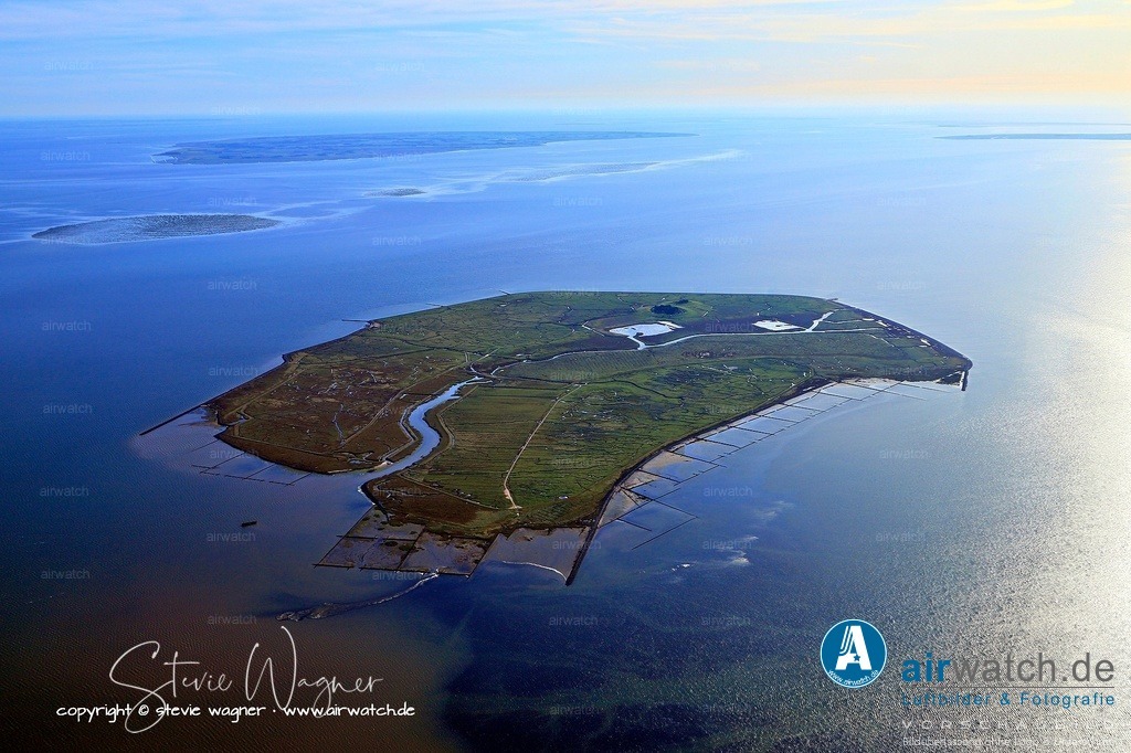 Luftbild Hallig Groede | Die 2,52 km² große Hallig besteht aus zwei Warften: der bewohnten Knudtswarft mit vier Wohnhäusern und dem Kiosk sowie der historischen Kirchwarft, auf der sich die Kirche St. Margarethen (erbaut 1779) und die ehemalige Schule befinden. Die Gemeinde umfasst auch die unbewohnte Hallig Habel, die im Sommer von einem Vogelwart genutzt wird.