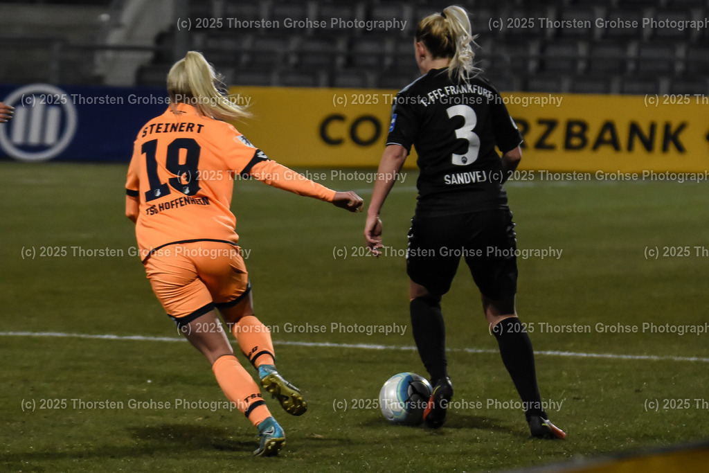 Fussball-BL Frauen 1. FFC Frankfurt vs. TSG 1899 Hoffenheim | Judith Steinert #19 (TSG 1899 Hoffenheim), Sandvej Cecilie #3 (1.FFC Frankfurt); Fussball-BL Frauen 1. FFC Frankfurt vs. TSG 1899 Hoffenheim, Fussball-Bundesliga Frauen am 24.02.2018 im Stadion am Brentanobad in Frankfurt/Main, (Deutschland) - Realisiert mit Pictrs.com