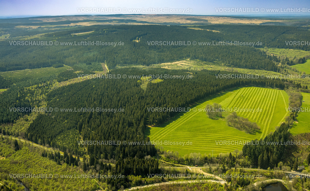 Monschau240502301HohesVenn | Luftbild, Hohes Venn Naturpark Eifel Waldgebiet, Wiesen und Felder mit Muster im Ermesbachtal, im Wald der Richelsley Felsen und das Kreuz im Venn zu Ehren von Stephan Horrichem, Grenzgebiet Deutschland-Belgien, Kalterherberg, Monschau, Nordrhein-Westfalen, Deutschland