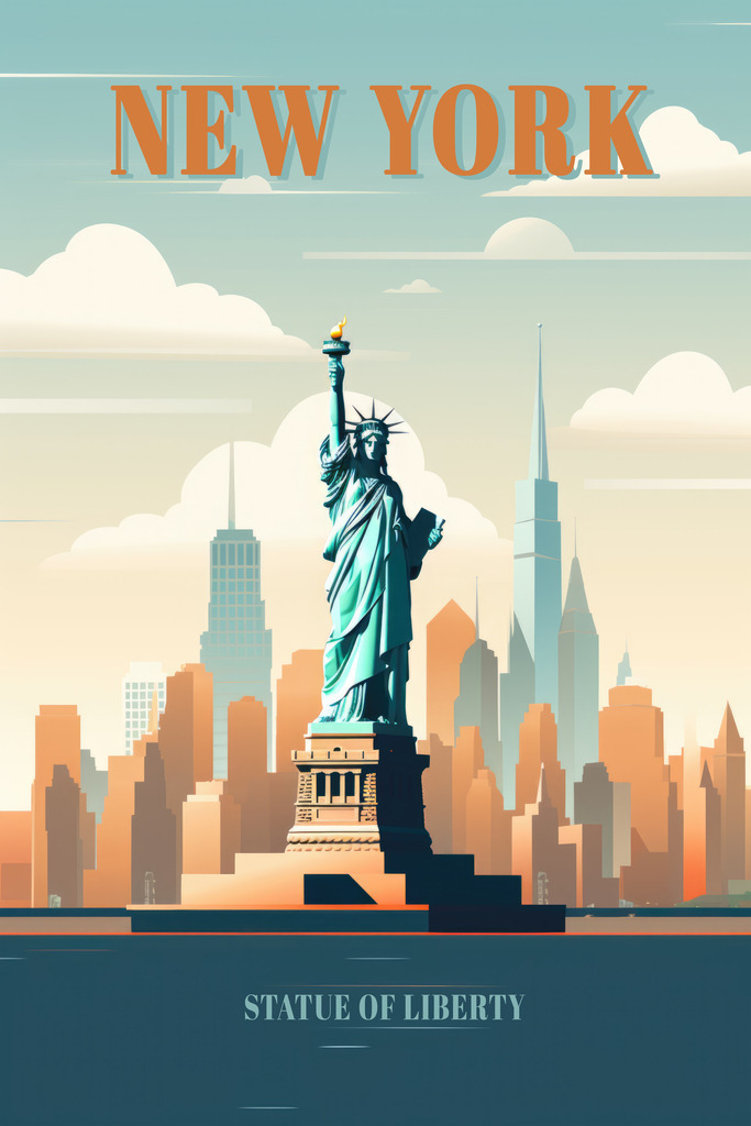 2307148 - New York - Statue of Liberty | Die Freiheitsstatue von New York und die Skyline von Manhatten im grafischen Stil eines Werbeplakats. Ein sehr dekoratives Motiv, das Ruhe und Erhabenheit ausstrahlt.