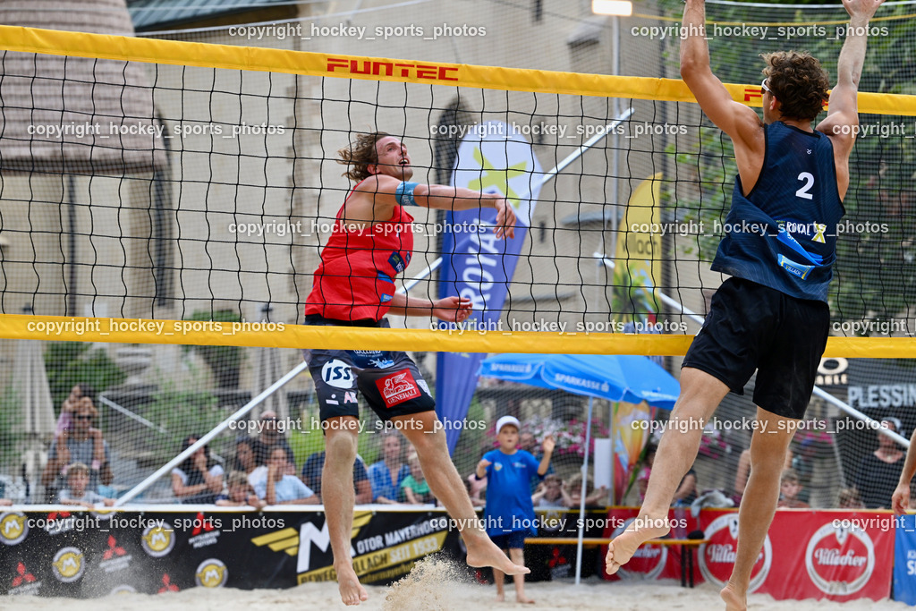 Kärntner Landesmeisterschaft Beach Volleyball | #2 FRIEDL Felix, #2 SPONER Philipp, Kärntner Landesmeisterschaft Beach Volleyball, Kärntner Landesmeisterschaft Beach Volleyball am 18.08.2024 in Villach (Rathausplatz Villach), Austria, (Photo by Bernd Stefan)