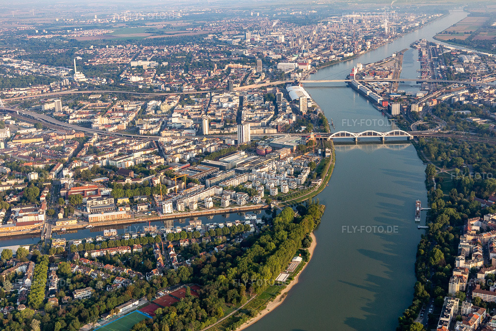 Luftbild: Wohnentwicklungsgebiet Wohnen am Fluß am Ufer des Rheins an der Rheinschanzenpromenade am Rhein im Ortsteil Süd in Ludwigshafen im Bundesland Rheinland-Pfalz in Deutschland. Foto: IMG_116868.jpg vom 25.08.2019 durch Werner Riehm/FLY-FOTO.de