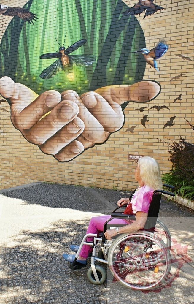 Senior woman in wheelchair enjoying nature mural on brick wall | Senior woman in wheelchair viewing a large street mural of hands holding a firefly and birds - Realized with Pictrs.com
