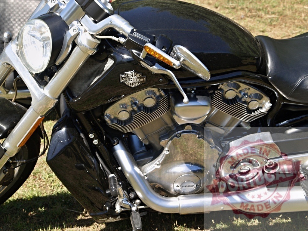 Powerful Harley-Davidson V-Rod Muscle Motorcycle Engine gleaming in the sun | Close-up of a gleaming Harley-Davidson V-Rod motorcycle engine, showcasing its chrome and power - Realized with Pictrs.com