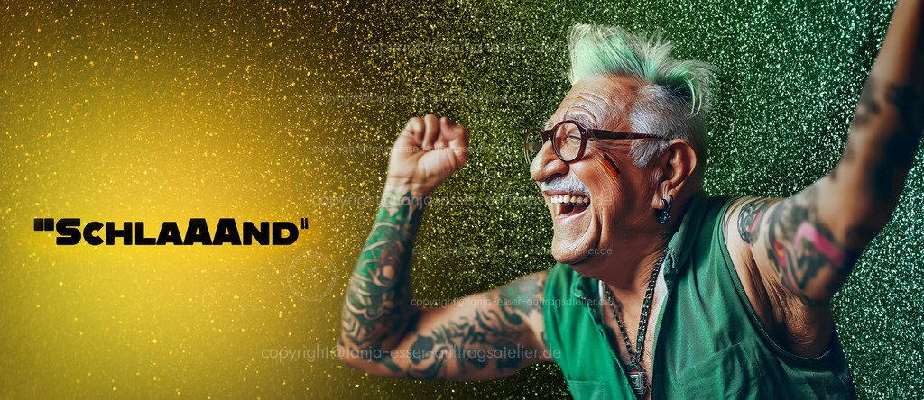 Flotter Senior feiert Tor der deutschen Nationalmannschaft. | Senior mit Tätowierungen und Ohrringen streckt ausgelassen die Arme hoch. Er feuert die deutsche Fußballmannschaft an. Er ruft eine Abkürzung für das Wort Deutschland. Ansteckende Freude. KI generiertes und aufgearbeitetes Bild.