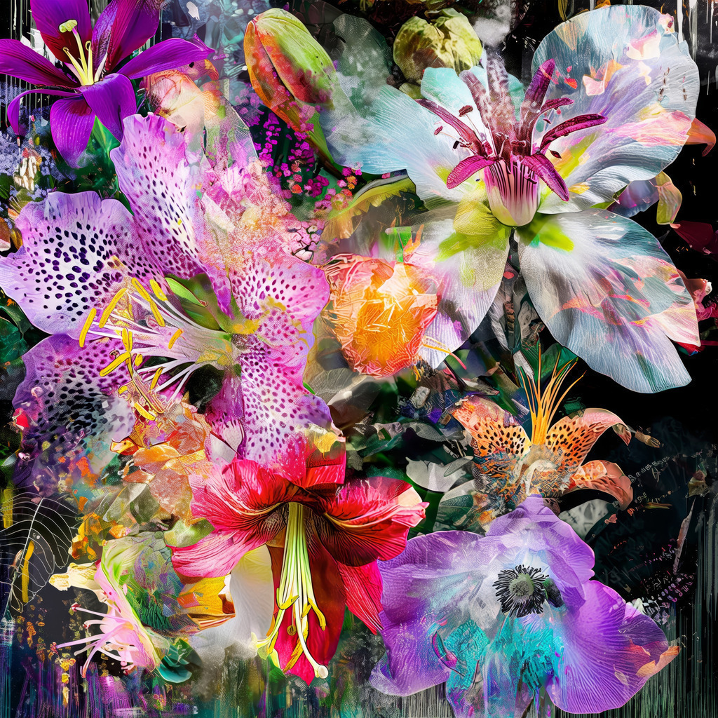 2405008 - Blütentraum | Modernes florales Motiv mit verschiedenen bunten Blumen im Stil einer Mixed-Media Collage