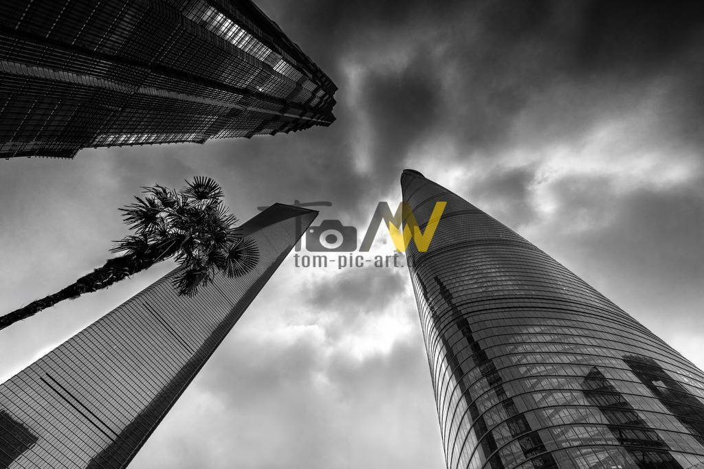 Die markante Skyline in Pudong in Shanghai in Schwarz-Weiß | Das Bild in Schwarz-Weiß zeigt die markante Skyline des Finanzviertels Pudong in Shanghai, aufgenommen aus der Froschperspektive, wobei die drei prominentesten Wolkenkratzer der Stadt in den Himmel ragen.Zu sehen sind der Shanghai Tower (rechts), das mit 632 Metern höchste Gebäude Chinas. Links unten befindet sich das Shanghai World Financial Center und links oben der Jin Mao Tower. Der Shanghai Tower ist nach dem Burj Khalifa in Dubai das zweithöchste Gebäude der Welt. Die drei Türme bilden ein architektonisches Ensemble, das die moderne Entwicklung Shanghais symbolisiert.  - Realisiert mit Pictrs.com