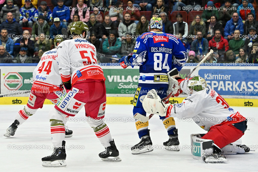 EC VSV vs. HC Bozen 16.2.2024 | #44 Valentine Scott, #55 Vandane Davis, #84 Andrew Desjardins, #38 Harvey Sam, EC VSV vs. HC Bozen 16.2.2024, EC VSV vs. HC Bozen 16.2.2024 am 16.02.2024 in Villach (Stadthalle Villach), Austria, (Photo by Bernd Stefan)