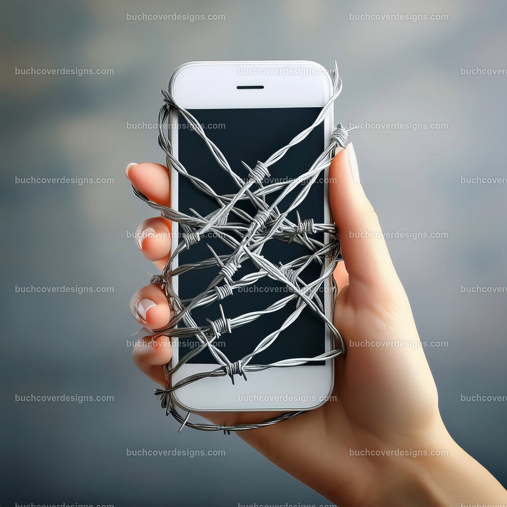 Mobiltelefon mit Stacheldraht in Hand gehalten | Entdecken Sie kreative Buch Cover Designs für Self-Publishing-Autoren und Verlage! Unsere maßgeschneiderten Designs ziehen Leser an und bringen Ihre Geschichten visuell zum Leben. Lassen Sie uns Ihr perfektes Cover gestalten!