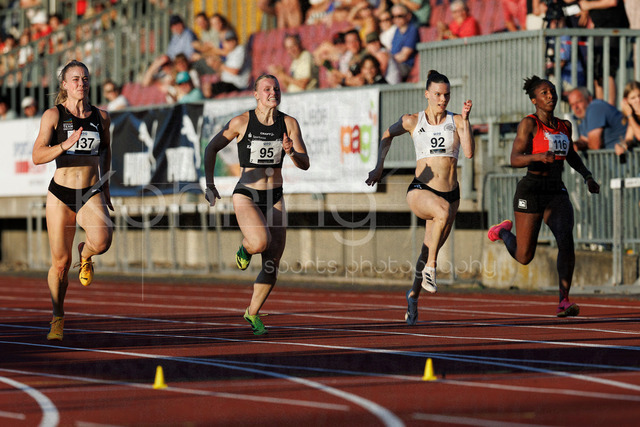 PUMA Fast Arms, Fast Legs; Wetzlar, 10.07.2026 | WETZLAR, GERMANY - JULY 10, 2026 : Laura Mier (Sprintteam Wetzlar), Charlotte Riedel (SC DHfK Leipzig), Karen Rückert (LT DSHS Köln), Kimberly Ogbuanu (LC Paderborn) competing in the 100m B-final during the athletics meeting PUMA Fast Arms, Fast Legs at Stadion Wetzlar on July 10, 2026 in Wetzlar, Germany.