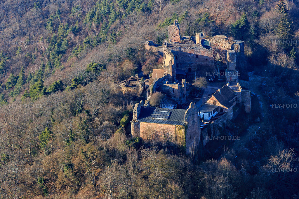 Luftbild: Burgruine Madenburg:Von Wäldern umgebene Überreste einer Hügelburg aus dem 11. Jahrhundert mit Restaurant. in Eschbach im Bundesland Rheinland-Pfalz in Deutschland. Foto: IMG_112523.jpg vom 21.01.2019 durch Werner Riehm/FLY-FOTO.deMadenburg