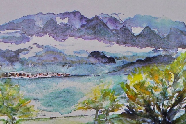 L1090528 | Malerei zur Aussicht des Hotels Waldheim in Wilen bei Sarnen auf den Arnigrat, Aquarell von Paul Townend - Realisiert mit Pictrs.com