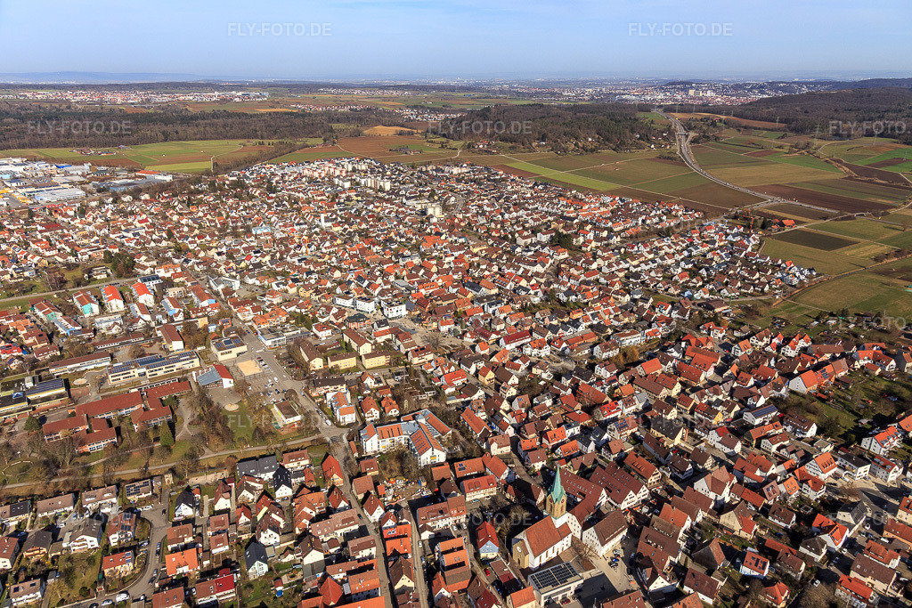 Luftbild: Stadtübersicht aus Südwesten in Renningen im Bundesland Baden-Württemberg in Deutschland. Foto: IMG_125077.jpg vom 20.02.2021 durch Werner Riehm/FLY-FOTO.de
