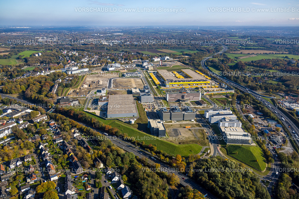 Bochum241016632 | Luftbild, Großbaustelle Mark 51/7, Wissenschaftsquartier und Technologiequartier, O-Werk Campus, ehemaliges Opel Areal an der Autobahn A448, drei Gebäude Ideenschmiede mit Techunternehmen Viactiv und VMRay und Physec, VW Volkswagen Infotainment, Wabtec Bahnzulieferer, DHL Logistik, Altenbochum, Bochum, Ruhrgebiet, Nordrhein-Westfalen, Deutschland