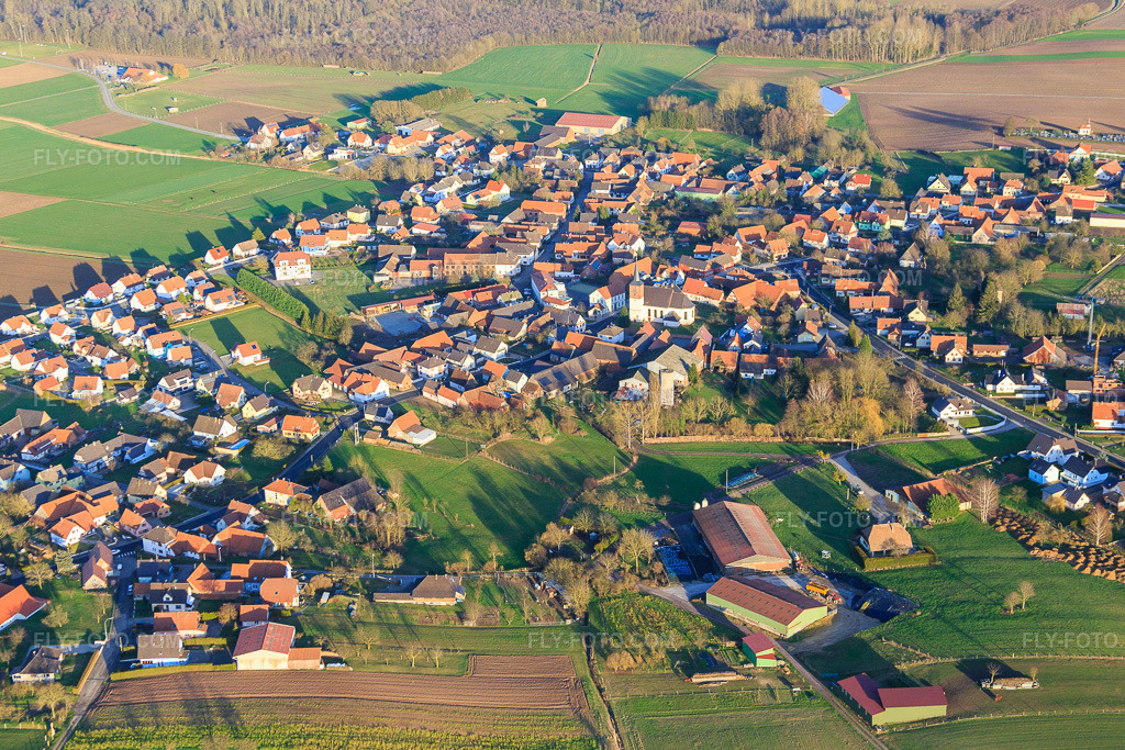 Aerial view: View of the town from the southeast in Salmbach in the state Bas-Rhin, France. – Photo: IMG_086004.jpg taken on 02/06/2016 by Werner Riehm/FLY-FOTO.com – Resolution of the original: 5221 x 3480 px